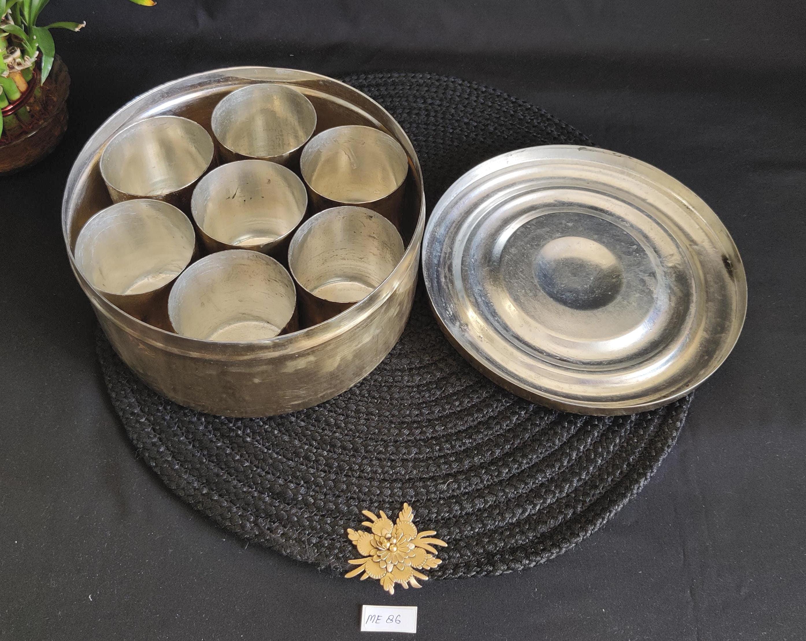 Antique Indian Brass Masala Box | 7 Container Spice Storage | Vintage Kitchen Decor | Traditional Tin-Coated Dabba | Farmhouse Style | ME86