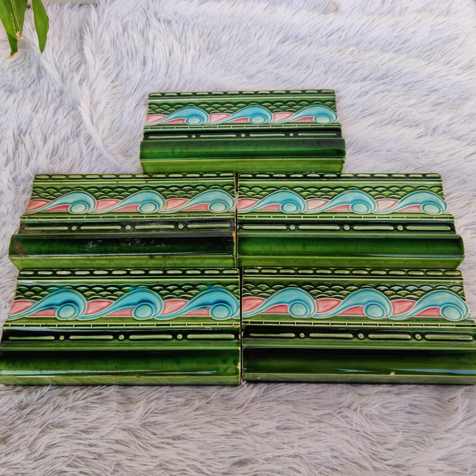 Vintage Majolica Nouveau Embossed Border Tiles,japanset of 5/furniture