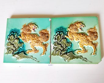 Vintage Mythical Dragon Rare Architecture Tile 6" x 6" , Japan - Set of 2 | Rare Vintage Mythological Animal Tile Set | Japanese Tile CT47