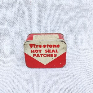 1940s Vintage Firestone Hot Seal Patches Advertising Tin Box Automobilia Automobile Tin Decorative Box Advertisement Tin Tyre Company TB1328