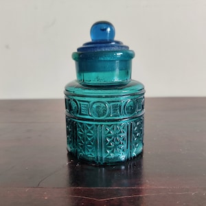 1940s Vintage Blue Glass Candy Dish Jar with Lid | Antique Glass Cookie Container | Decorative Trinket Jars | Japan |Cuttle Bottle Jar |G934