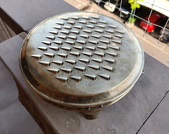 Antique Brass Footed Round Cheese Grater | Vintage Vegetable Shredder | Vegetable Slicer & Crusher | Traditional Kitchenware Collectible