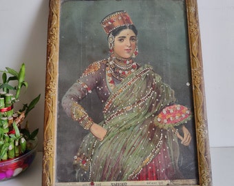 Antique Raja Ravi Varma Printing Press Embellished Oleograph of Gulbankavli Raja Ravi Varma Ladies Subject Rare Print Collectible PR175