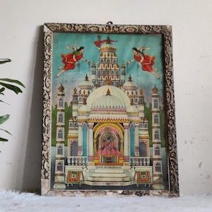 Vintage Ranchodji Maharaj Hindu Print – Lord Vishnu Dakor Temple Art- Original Manilal Haribhai Lithograph – Ornate Wooden Glass Frame PP843