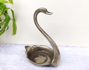 Vintage Metal Swan Ashtray | Swan Shaped Tray | Jewellery Dish | Brass Swan Shaped Platter | Silver Color Trinket Tray | Home Decorative
