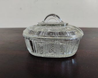 1930s Vintage Clear Glass Vanity Trinket Box With Lid |Glass Jewellery Box|Glass Butter Box|Lidded Glass Dish Home Decorative Glassware G933