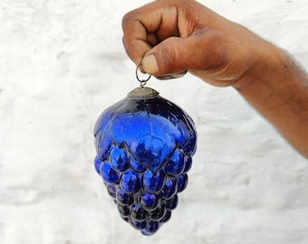 Antique Kugel 5.25" Cobalt Blue Cluster Of Grapes Christmas Ornament German Original 5 Leaves Depose Brass Cap Christmas Tree Decorative 572