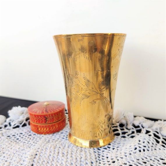 Antique Brass Floral Etched Glass Vintage Brass Tumbler Vintage Wine Glass  Water, Milk, Lassi Tumbler Brass Kitchenware Home Decor 