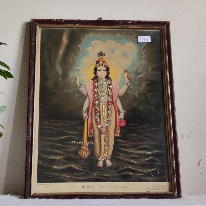 1930s Vintage Lord Vishnu Print – Shree Vasudeo Picture Co. Hindu Art ...