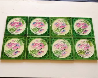 Vintage Floral Art Majolica Nouveau Architecture Tile Set of 8,England | Antique Furniture Tile | Ceramic Vintage Tile | British Tile CT246