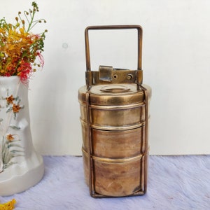 Vintage 3 Compartment Brass  Lunch Box | Vintage Tiffin Box | Dabba Lunch Carrier | Lunch Box With Handle | Home Decorative | Wedding Gift