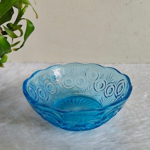 Vintage Blue Glass Dessert / Fruit Bowl | Floral and Leafy Glass Bowl | Scalloped Top Blue Glass Bowl|Decorative Collectible|Home Decor G707