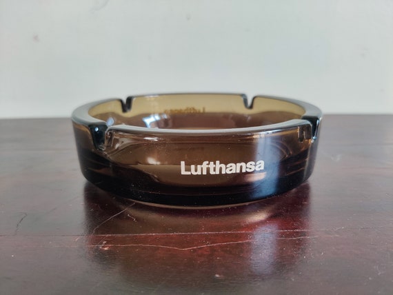ヴィンテージ ルフトハンザ航空広告 ブラウンガラス 丸型灰皿