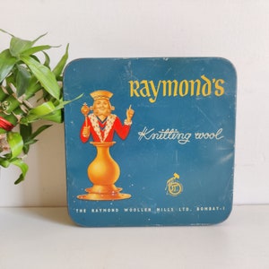 Vintage Raymond&#39;s Knitting Wool Advertising Tin Box | Empty Tin Storage Box | Vintage Tin Container Box |Litho Print Tin Collectibles TB1583