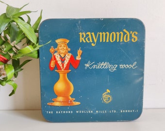 Vintage Raymond's Knitting Wool Advertising Tin Box | Empty Tin Storage Box | Vintage Tin Container Box |Litho Print Tin Collectibles TB1583