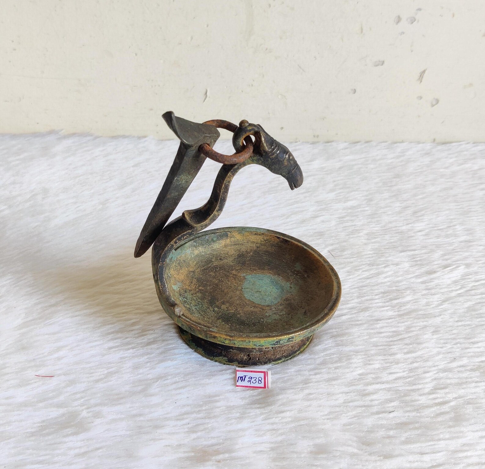 19c Antique Handmade Horse Head Bronze Oil Lamp Iron Snake Decorated | Divine Spiritual Home Accent | Meditation Room Decor Pooja | MT238