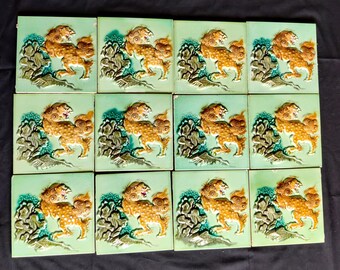 Vintage Mythical Dragon Rare Architecture Tile 6" x 6"  Japan - Set of 12 | Rare Vintage Mythological Animal Tile Set | Japanese Tile CT49
