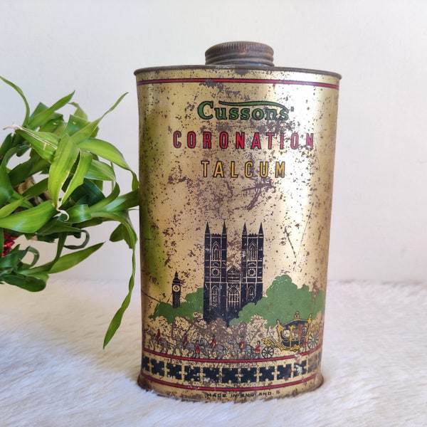 1940s vintage Cussons Coronation Talc Powder Advertising tin box with Original Powder Filled | vintage Litho Print Talc Powder Tin TB1480