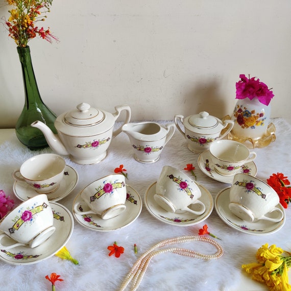 Antique 15PCS Floral Cup Saucer Teapot Classical English Bone