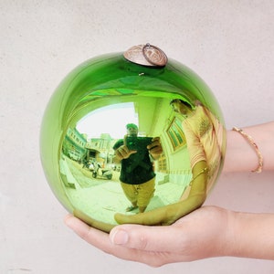 Antique Kugel 7.75&quot; Parrot Green Glass Ball Christmas Ornament Germany Original 5 Leaves Brass Cap Christmas Tree Decorative Home Decor 232