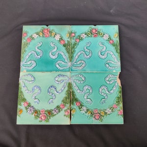 Vintage Floral Garland Ribbon Design Majolica Nouveau Architecture Tile,Japan 4Pc Furniture Tile|Decorative Tile|Ceramic Vintage Tile CT146