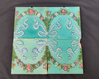 Vintage Floral Garland Ribbon Design Majolica Nouveau Architecture Tile,Japan 4Pc Furniture Tile|Decorative Tile|Ceramic Vintage Tile CT146