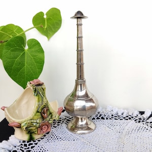 Vintage Ribbed Perfume Rose Water Sprinkler | Nickel Plated Brass Perfume Bottle Essence Holder | Brass Gulabdani | Unique Indian Home Decor