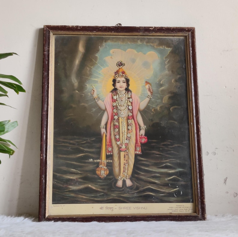 1930s Vintage Lord Vishnu Print – Shree Vasudeo Picture Co. Hindu Art ...