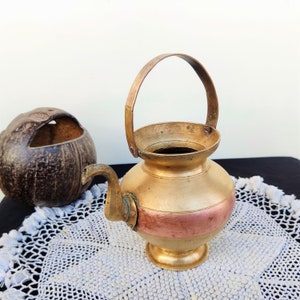 Antique Ganga Jamuna Kamandal | Antique Copper & Brass Water Pot With Handle and Spout | Improvised as a Brass and Copper Vintage Planter