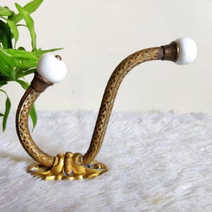 Wall Hook With Ceramic Knob, Ornate Brass Hanger 5.25 Inches