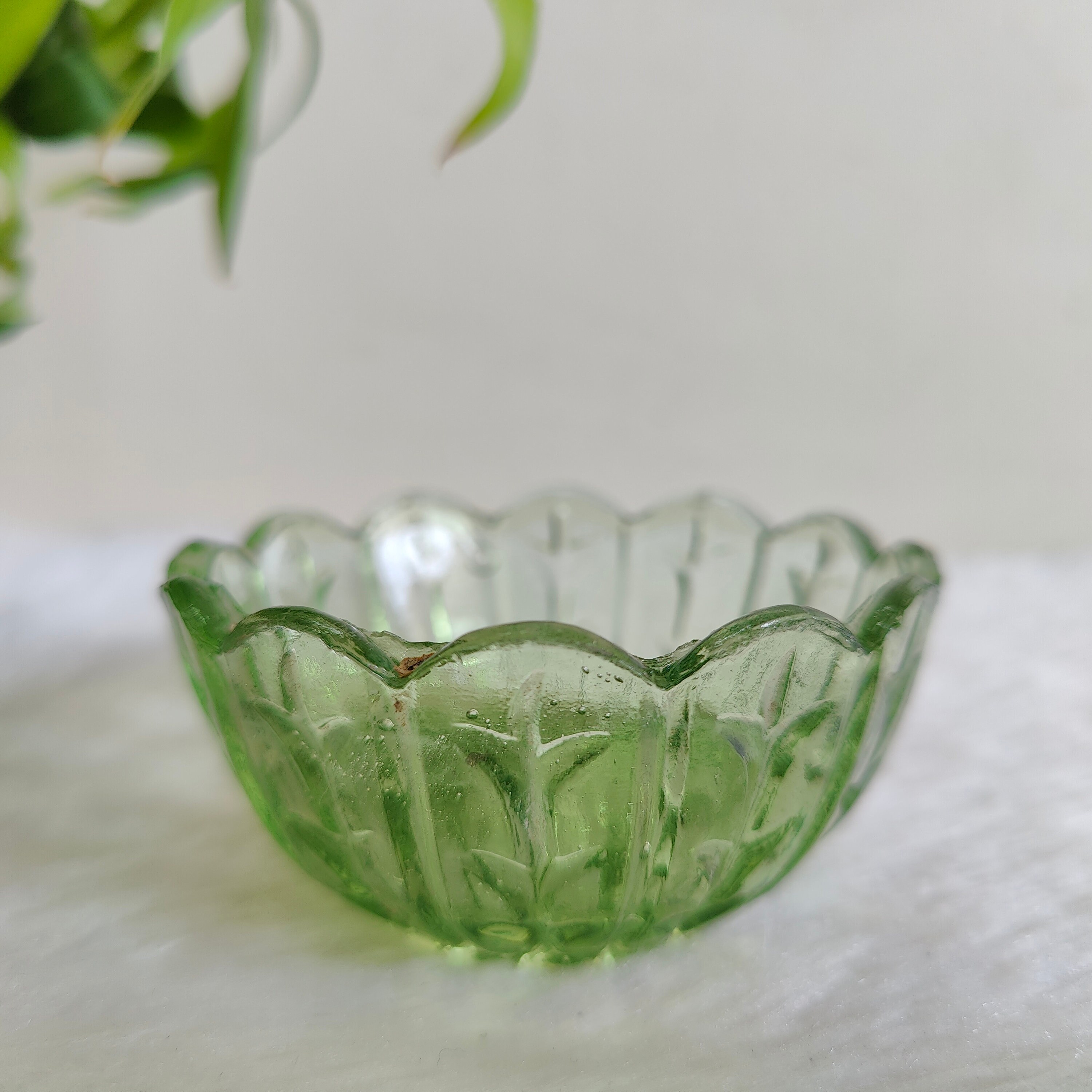 s新品SARGASSO GLASS BOWL | green VINTAGE Vintage Green Glass Dessert / Fruit Bowl | Floral and Leafy