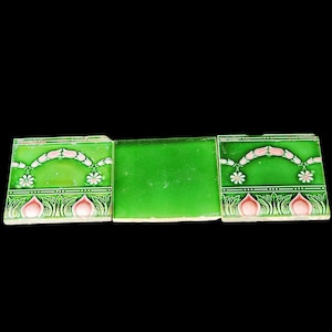Vintage Floral Garland & Leafy Design Majolica Nouveau Architecture Tile , Japan - Set of 3 | Furniture Tile | Ceramic Vintage Tile CT241