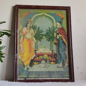 Antique Lord Satyanarayan Print – Raja Ravi Varma Lithograph Anant Shivaji Desai – Lord Vishnu Pooja Scene – Framed Religious Decor PP838