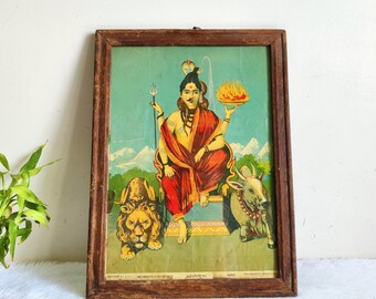 Vintage Raja Ravi Varma Printing Press Print of 'Ardhanari Nateshwar' Shiva Parvati with Original Wooden Frame | Raja Ravi Varma Lithograph