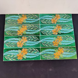 Vintage Floral and Leafy Design 6&quot; x 2&quot; Architecture Border Tiles , Japan - Set of 8 | Furniture Tile | Ceramic Vintage Border Tiles CT217