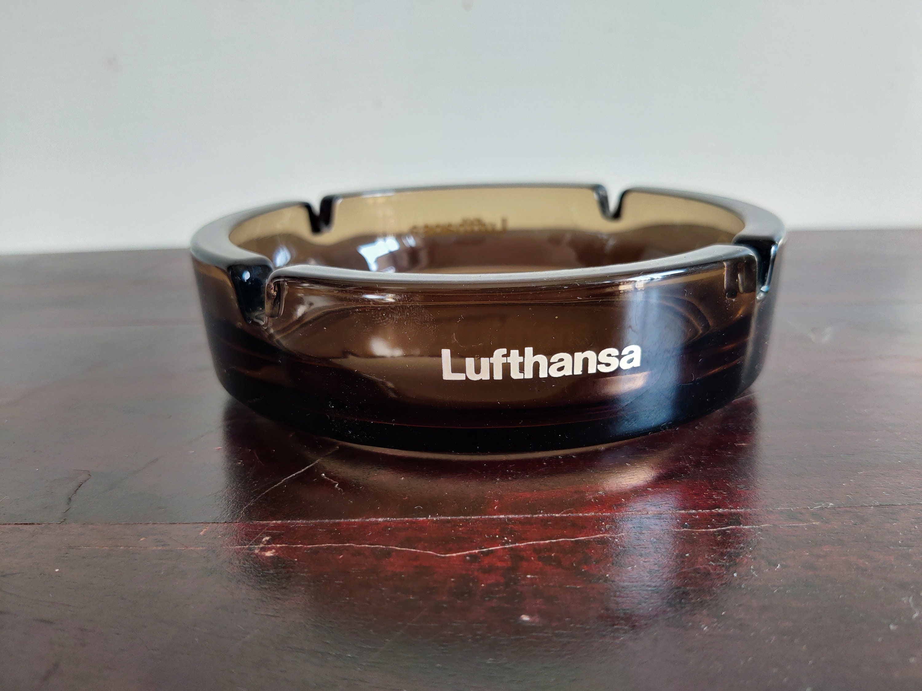 ヴィンテージ ルフトハンザ航空広告 ブラウンガラス 丸型灰皿