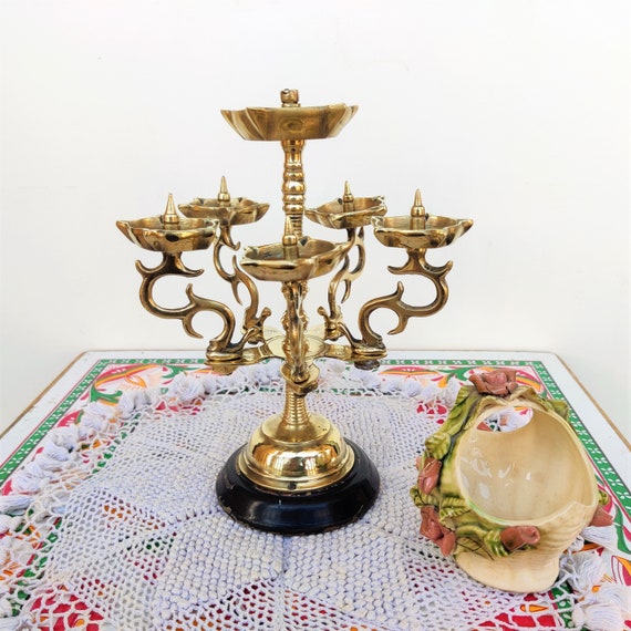 Vintage Rare Brass Tree Branch Patterned Oil Lamp Indian Candle