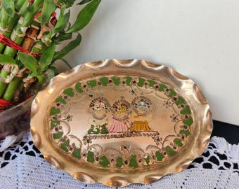 Engraved Brass Plate, 1930s Jagannath Puri Enamel Design With Scalloped Edge