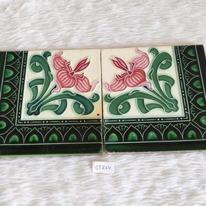 Antique Floral Art Statue Of Liberty Brand Majolica Nouveau Architecture Tile Set of 2 | Antique Furniture Ceramic Japanese Tile Old | CT264