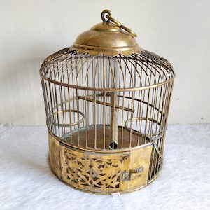19c Antique Handmade Brass Hanging Bird Cage | Home Garden Hanging Peacock Decorated | British Era Collectible | Grid Cut Handwork | MT133