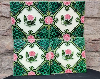Vintage Flower Art Majolica Nouveau Architecture Tiles,Japan-Set of 4/Decorative Tiles/Ceramic Vintage Tiles/Japanese Tiles/Japanese CT71