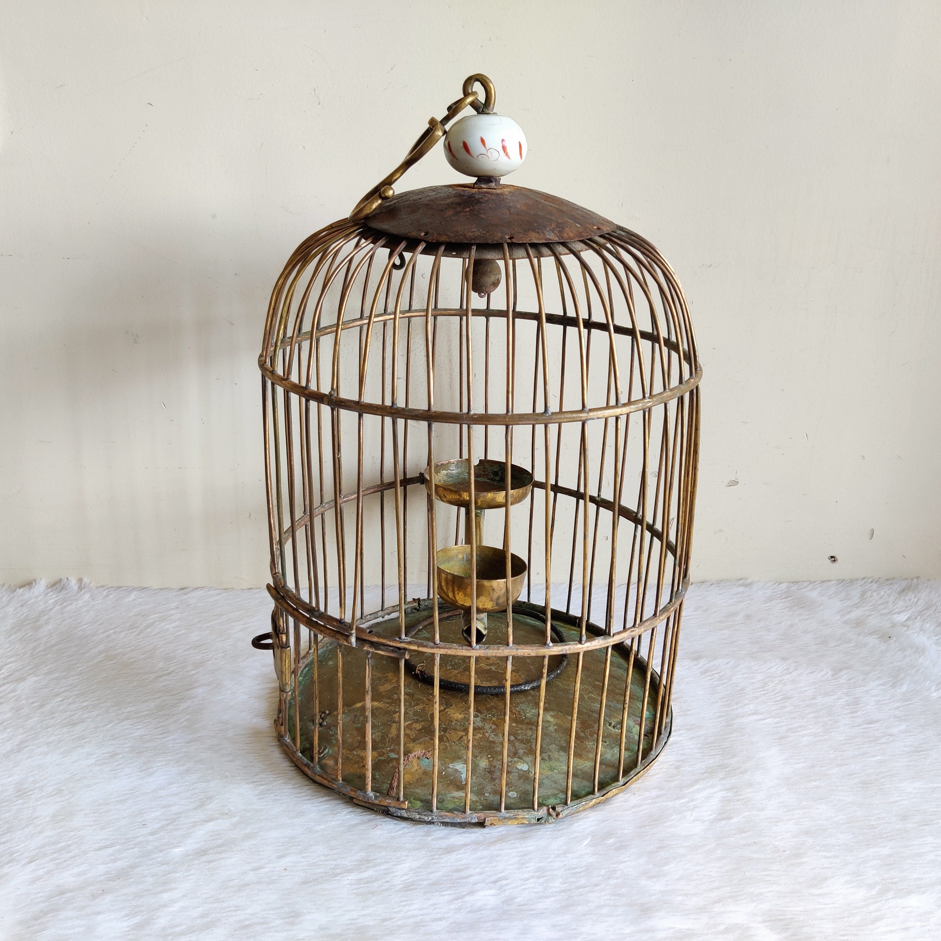 19c Antique Handmade Brass Hanging Bird Cage | Home Garden Hanging 