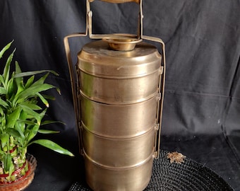 Antike 4 Fach Messing Brotdose | Vintage Tiffin Schachtel | Dabba Lunch Carrier | Lunch Box Mit Henkel | Dekoratives Sammlerstück MT586
