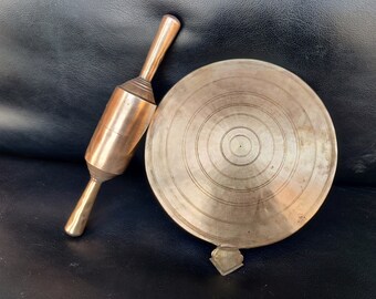 Vintage Brass Chapati Maker Board and Rolling Pin | Chakla Belan Set | Tortilla Maker | Quesadilla Rolling Board | Kitchenware Collectible