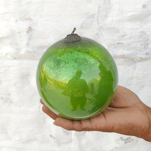 Antique Kugel 5&quot; Parrot Green Glass Ball Christmas Ornament Germany Original 5 Leaves Brass Cap Christmas Tree Decorative Home Decor 266
