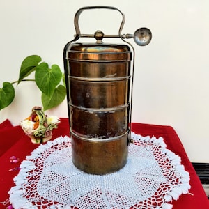 Vintage 4 Compartment Brass Lunch Box / Tiffin Box / Dabba With One Spoon Lunch Carrier / Unique Lunch Box With Handle / Wedding Gift