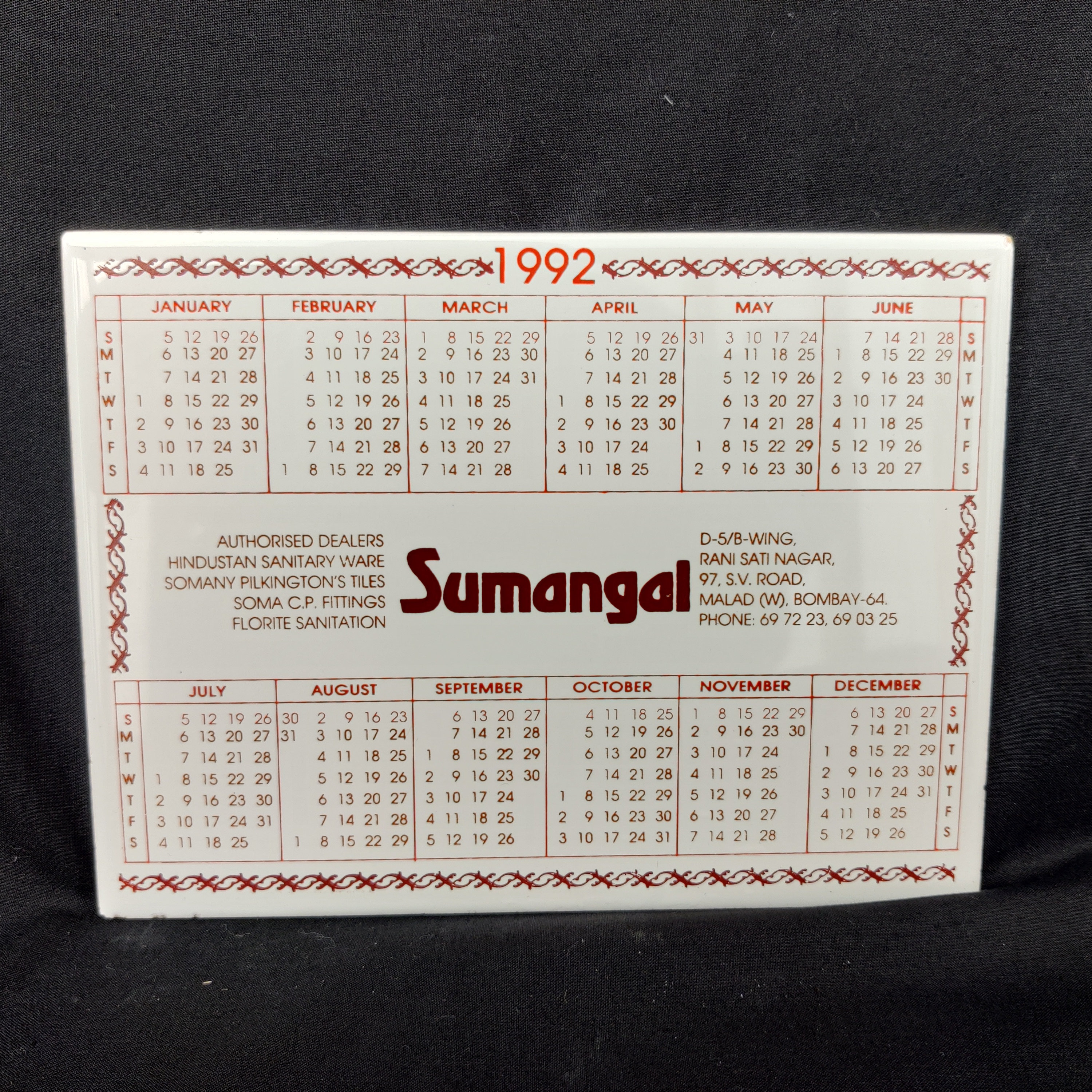 1992 Vintage Somany Pilkington's Kadi Sumangal 1992 Calendar