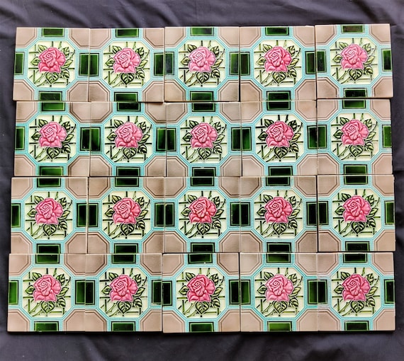 Vintage Floral Design Majolica Nouveau Architecture Tiles Japan 20