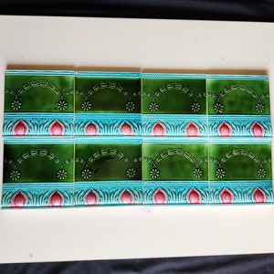 Vintage Unused Architecture Tiles Embossed Floral Garland & Grass Design Majolica Nouveau,Japan 8Pcs |Ceramic Vintage Furniture Tiles CT51