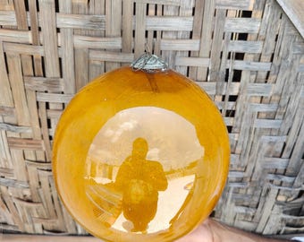 Adorno navideño antiguo Kugel de 8.5" de cristal color naranja, original de Alemania, con 5 hojas y tapa de latón, ideal para el árbol de Navidad. 186
